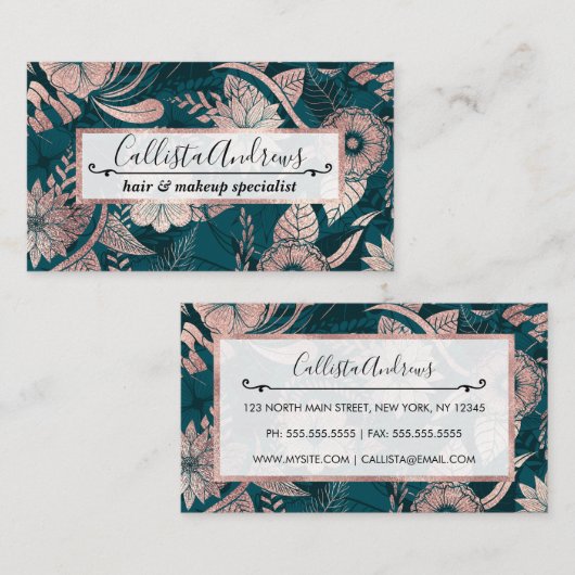 Artsy Modern Roos Gold Emerald Green Flowers Visitekaartje (Voorkant / Achterkant)