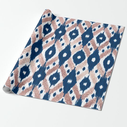 Artsy Modern Roos Gold Navy Blue Ikat Geo Cadeaupapier (Uitgerold)