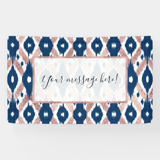 Artsy Modern Roos Gold Navy Blue Ikat Geo Spandoek (Horizontaal)