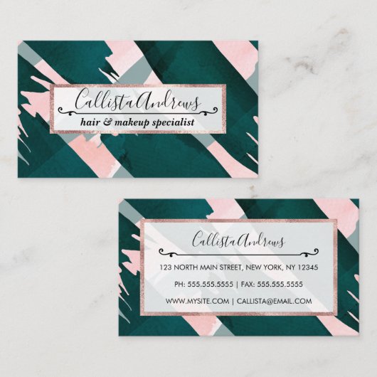 Artsy Moderne Emerald Groen Roze Penseelstreken Visitekaartje (Voorkant / Achterkant)