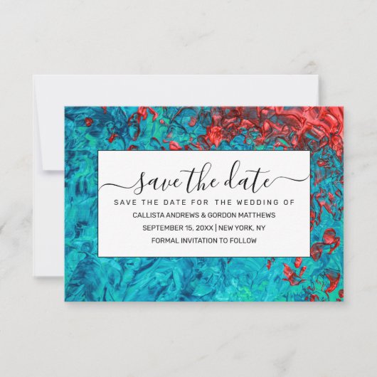 Artsy Neon Oranje Blauwgroen groen acrylverf Save The Date (Voorkant)