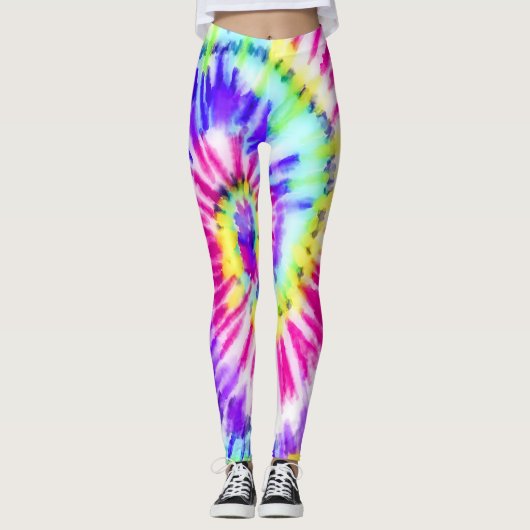 Artsy Neon Rainbow Tie Dye Waterverf Patroon Leggings (Voorkant)