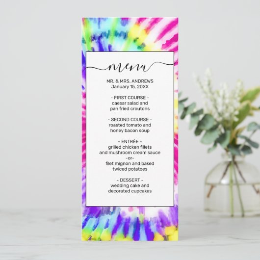 Artsy Neon Rainbow Tie Dye Waterverf Patroon Menu (Staand voorkant)
