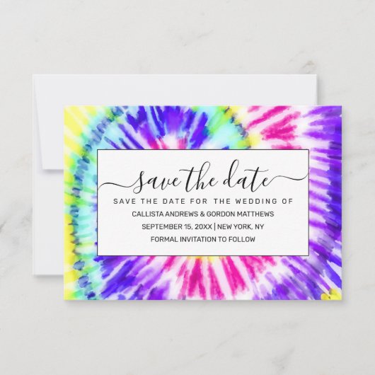Artsy Neon Rainbow Tie Dye Waterverf Patroon Save The Date (Voorkant)