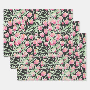 Artsy Pink Green Black Tulips Floral Waterverf Inpakpapier Vel