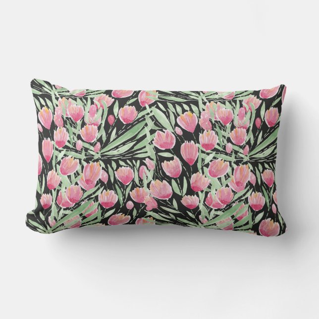 Artsy Pink Green Black Tulips Floral Waterverf Kussen (Voorkant)