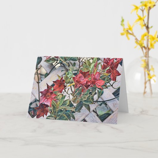 Artsy Red Flowers op Fence Clematis Note Card Kaart (Gele Bloem)