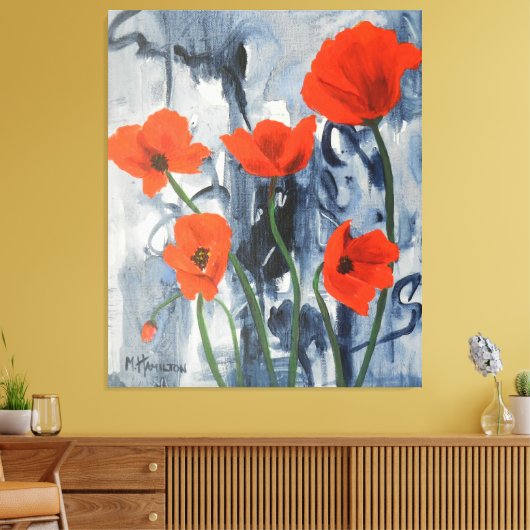 Artsy Red Poppies Modern Grijs Abstract Canvas Afdruk (Insitu (Woonkamer))