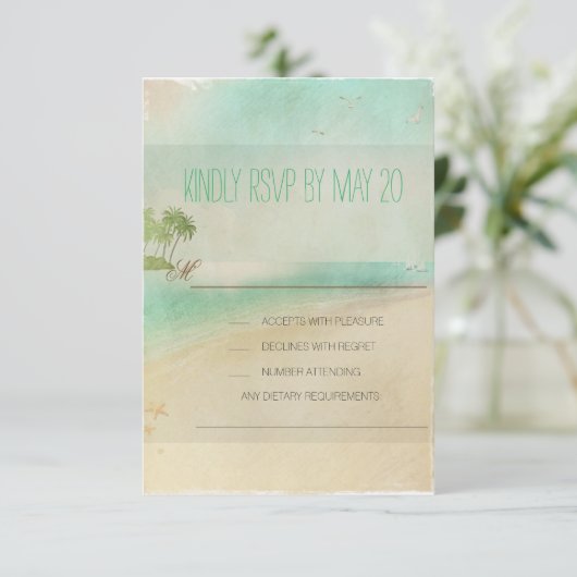 Artsy Retro  vreedzame strand bruiloft RSVP (Staand voorkant)