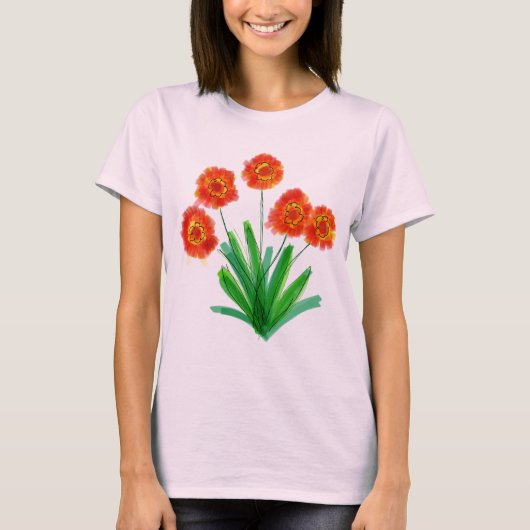 Artsy rood Sinaasappel Bloemen T-shirt (Voorkant)