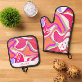 Artsy Roze Abstract Modern Custom Ovenwant & Pannenlap Set (Top down)