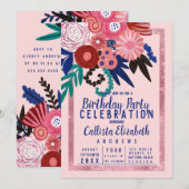 Artsy Roze Blauw Glitter Bloemen Acryl Verjaardag Kaart (Voorkant / Achterkant)