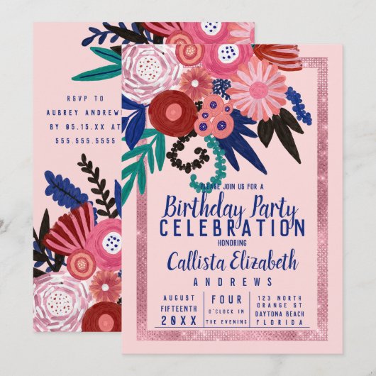 Artsy Roze Blauw Glitter Bloemen Acryl Verjaardag Kaart (Voorkant / Achterkant)