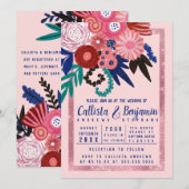 Artsy Roze Blauw Rood Glitter Bloemen Acryl Huweli Kaart (Voorkant / Achterkant)