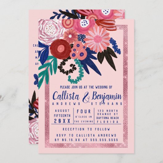 Artsy Roze Blauw Rood Glitter Bloemen Acryl Huweli Kaart (Voorkant / Achterkant)