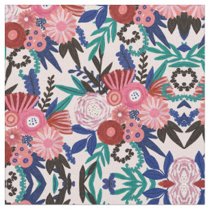 Artsy roze rood blauw Acrylgeverfde bloemen blader Stof