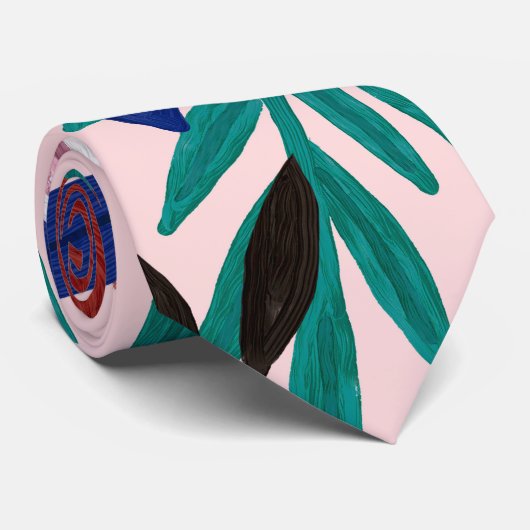 Artsy roze rood blauw Acrylgeverfde bloemen blader Stropdas (Opgerold)