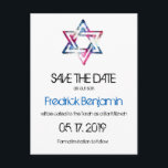 Artsy Star van David Bar Bat Mitzvah slaat de datu Aankondigingskaart<br><div class="desc">De ster van David in tinten roze en blauw in een artistieke gungy textuur is gedrukt op Bar & Bat Mitzvah sparen de datum briefkaarten. Voor je zoon of dochter. Alle standaardtekst (voorbeeldinfo) kan volledig met uw eigen formuleringen worden aangepast, en u kunt de doopvonten, de grootte, en de kleuren...</div>
