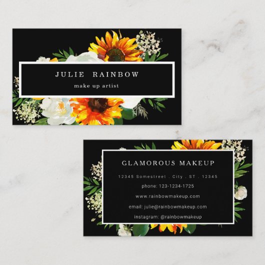 Artsy Sunflower Floral Black Visitekaartje (Voorkant / Achterkant)
