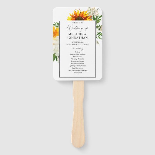 Artsy Sunflower Floral Wedding Ceremony Programme  Handwaaier (Voorkant)