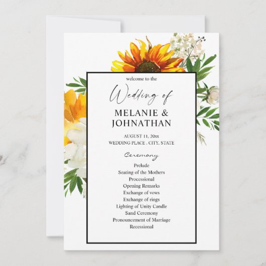 Artsy Sunflower Floral Wedding Ceremony Programme  Kaart (Voorkant)
