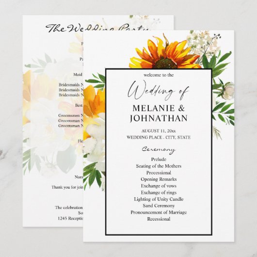 Artsy Sunflower Floral Wedding Ceremony Programme  Kaart (Voorkant / Achterkant)