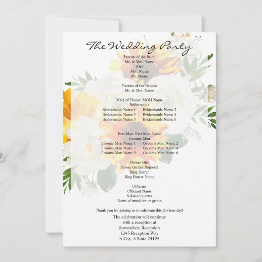 Artsy Sunflower Floral Wedding Ceremony Programme Kaart (Achterkant)