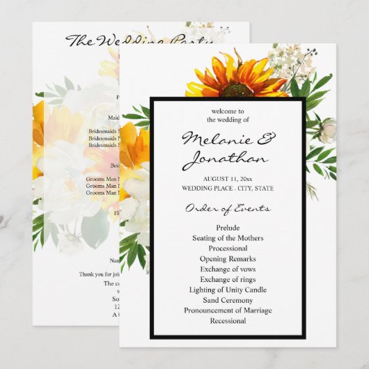 Artsy Sunflower Floral Wedding Ceremony Programme Kaart (Voorkant / Achterkant)