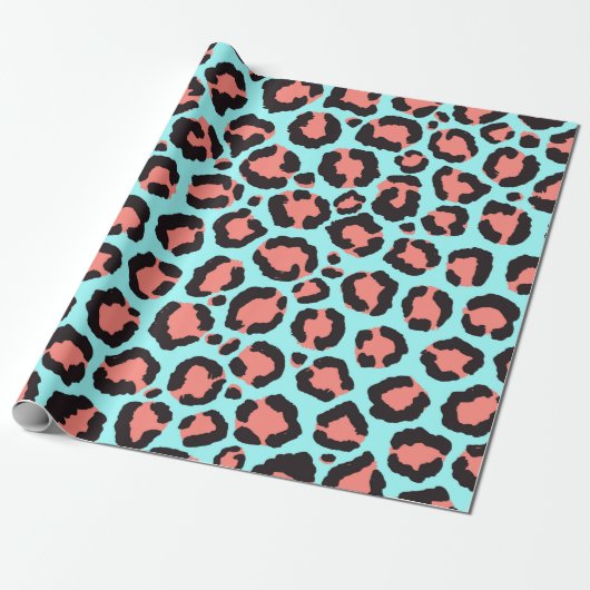 Artsy Trendy Coral Mint Blauwgroen Leopard Animal  Cadeaupapier (Uitgerold)
