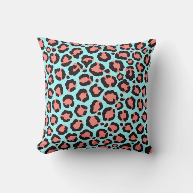 Artsy Trendy Coral Mint Blauwgroen Leopard Animal  Kussen (Voorkant)