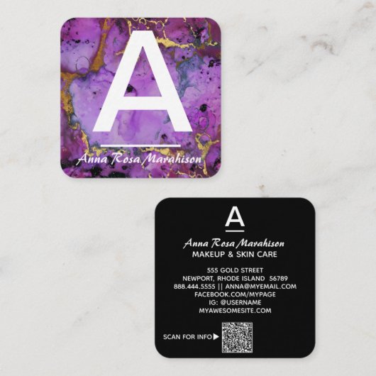 *~* Artsy Trendy INITIAAL GOLD QR LOGO FOTO Vierkante Visitekaartje (Voorkant / Achterkant)