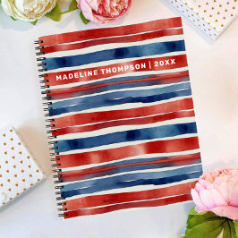 Artsy Trendy Rood Blauw Wit Aquarel Gestreepte  Notitieboek