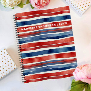 Artsy Trendy Rood Blauw Wit Aquarel Gestreepte  Notitieboek