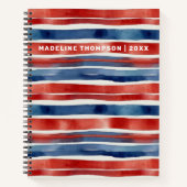 Artsy Trendy Rood Blauw Wit Waterverf Gestreept Notitieboek (Voorkant)