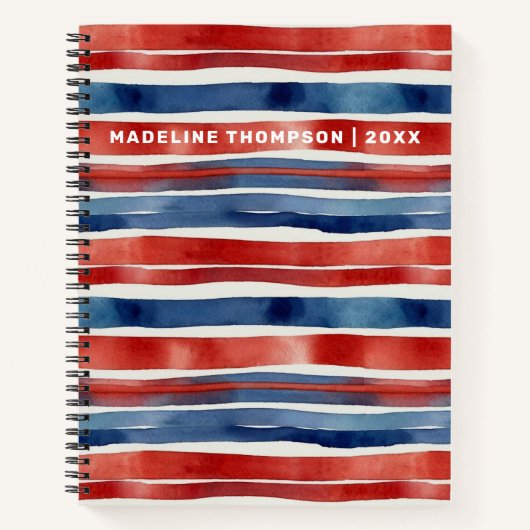 Artsy Trendy Rood Blauw Wit Waterverf Gestreept Notitieboek (Voorkant)