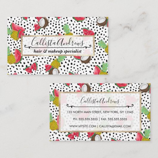 Artsy Tropical Fruit Polka Dots Waterverf Patroon Visitekaartje (Voorkant / Achterkant)