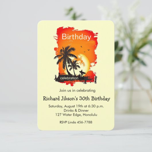 Artsy Tropisch Strand Zonsondergang Feest Uitnodig Kaart (Staand voorkant)