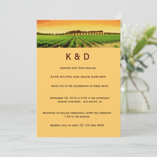 Artsy Vineyard Sunset Winery Wedding Invite Kaart (Staand voorkant)