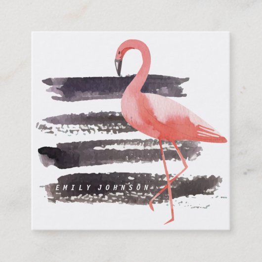 Artsy Waterverf Roze Flamingo Bruskes Lines Vierkante Visitekaartje (Voorkant)
