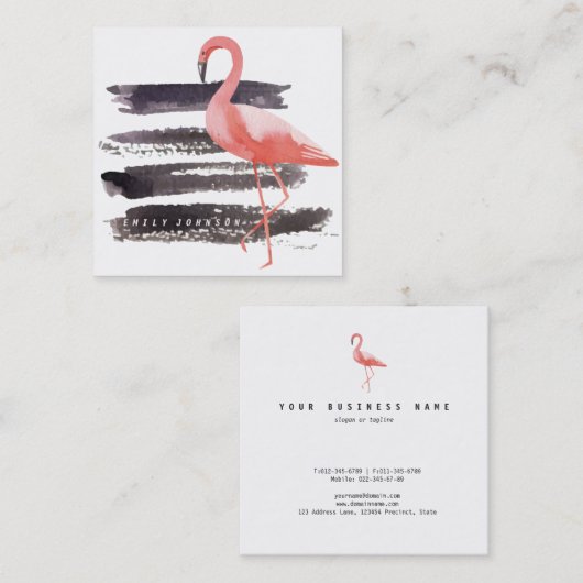 Artsy Waterverf Roze Flamingo Bruskes Lines Vierkante Visitekaartje (Voorkant / Achterkant)