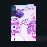 Artsy Waterverf Snowman Gevouwen Vakantie Kaart<br><div class="desc">Met marineblauwe scripttypografie binnen en buiten</div>