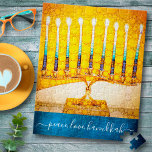Artsy Yellow & Gold Menorah Legpuzzel<br><div class="desc">"Vrede, liefde, Hanukkah." Een close-upfoto van een heldere, kleurrijke, gele en gouden artsy menorah helpt je om in stijl op de feestdag van Hanukkah te surfen. Voel de warmte en de vreugde van het vakantieseizoen als je deze prachtige, kleurrijke hanukkah-puzzel gebruikt. Matchingkaarten, enveloppen, stickers, kussens, canvas tassen, pakpapier, dienbladen, home...</div>