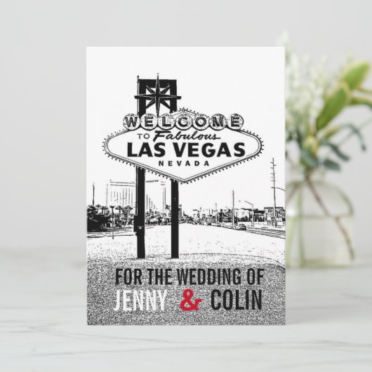 Artsy zwart wit rood Las Vegas bruiloft uitnodigin Kaart (Staand voorkant)