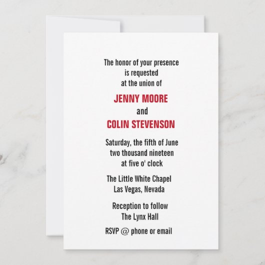 Artsy zwart wit rood Las Vegas bruiloft uitnodigin Kaart (Achterkant)