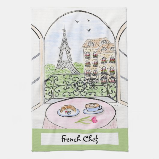 Artwork Whimsical Paris Eiffel Tower French Chef  Theedoek (Verticaal)