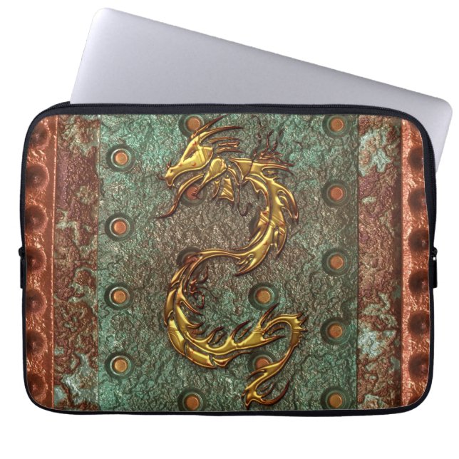 Arty 3D-look Aziatische draak op metalen laptophoe Laptop Sleeve (Voorkant)