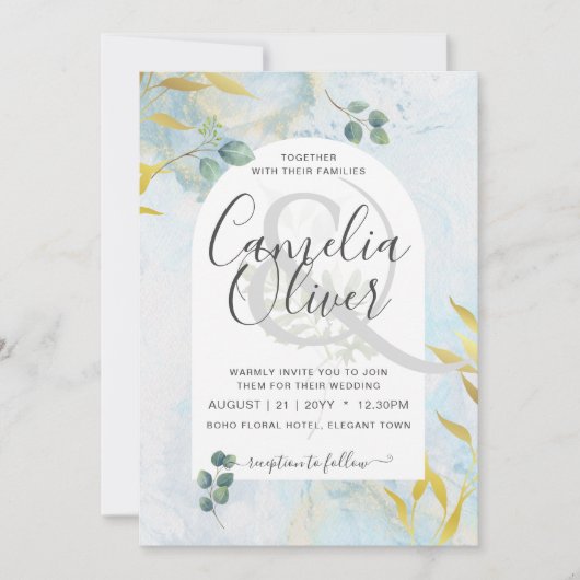 Arty Botanical Greenery Gold Wedding Invitation (Voorkant)