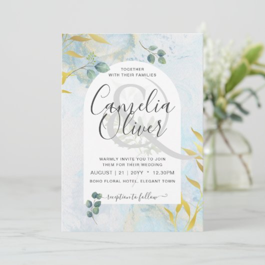 Arty Botanical Greenery Gold Wedding Invitation (Staand voorkant)