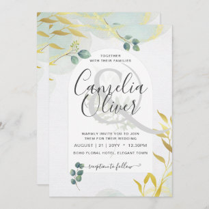 Arty Botanical Greenery Gold Wedding Invitation
