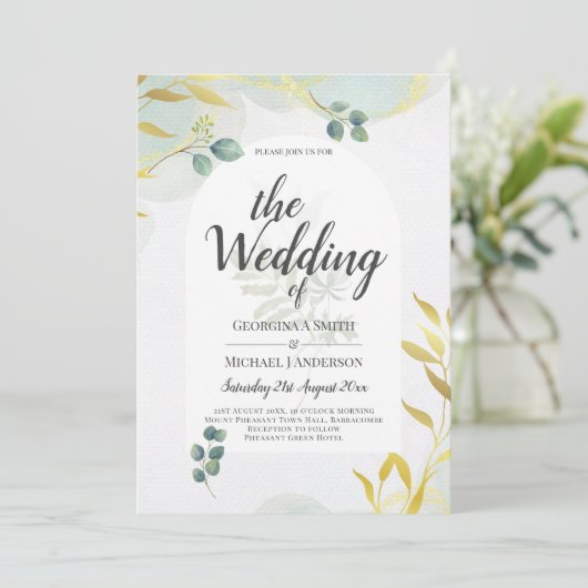 Arty Botanical Greenery Gold Wedding Invitation (Staand voorkant)